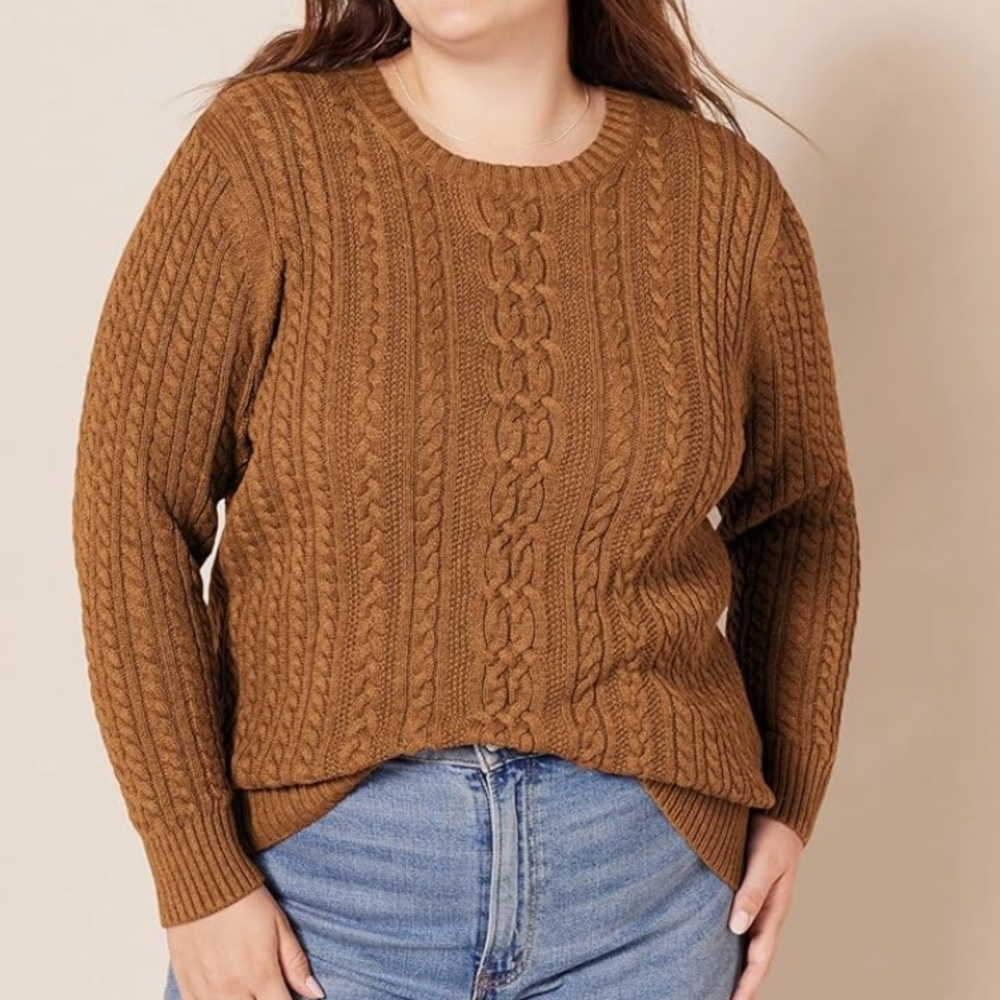 Amazon Essentials Women's 2X Fisherman Cable Knit Sweater Burnt orange brown EUC